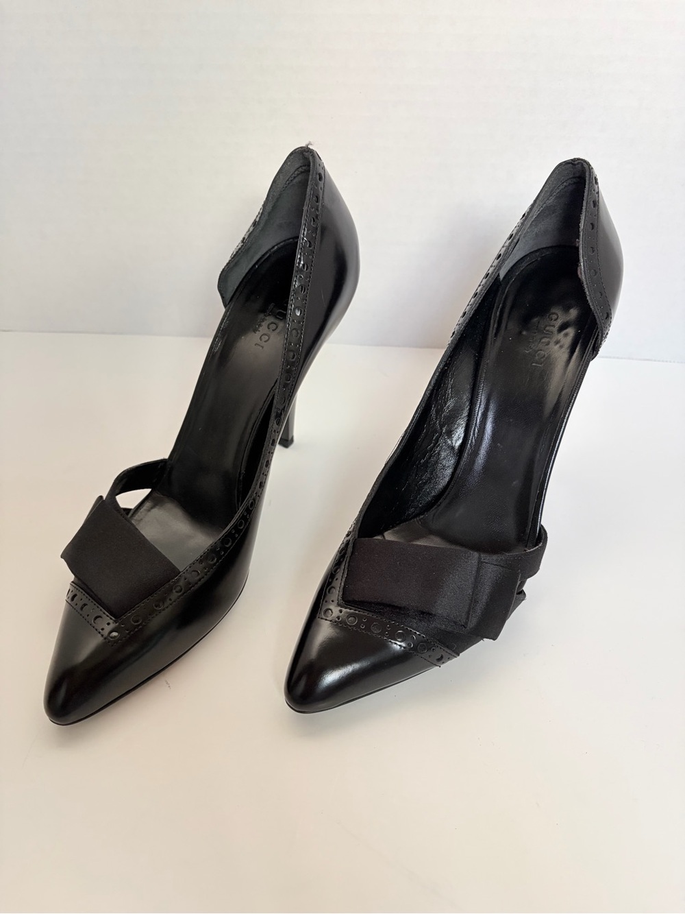 Gucci D’Orsay Stiletto Pumps Pointed Toe Trim Ribbon Satin Leather Black Size 39 - Picture 6 of 15